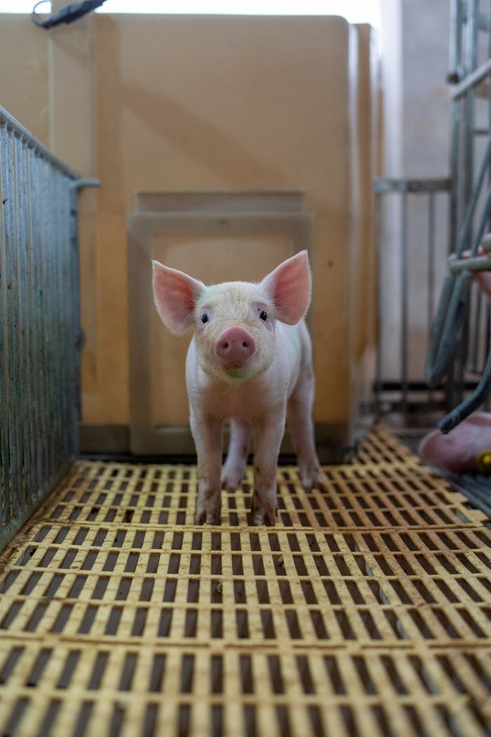 Adorable piglet standing on slatted flooring in a modern indoor farm environment.